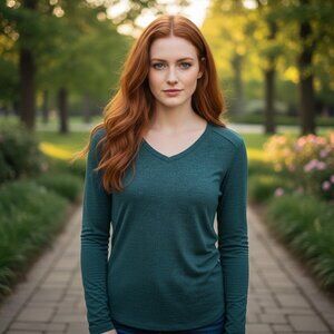 Segments Teal 100% Merino Wool Textured V-Neck Base Layer Top Performance Small